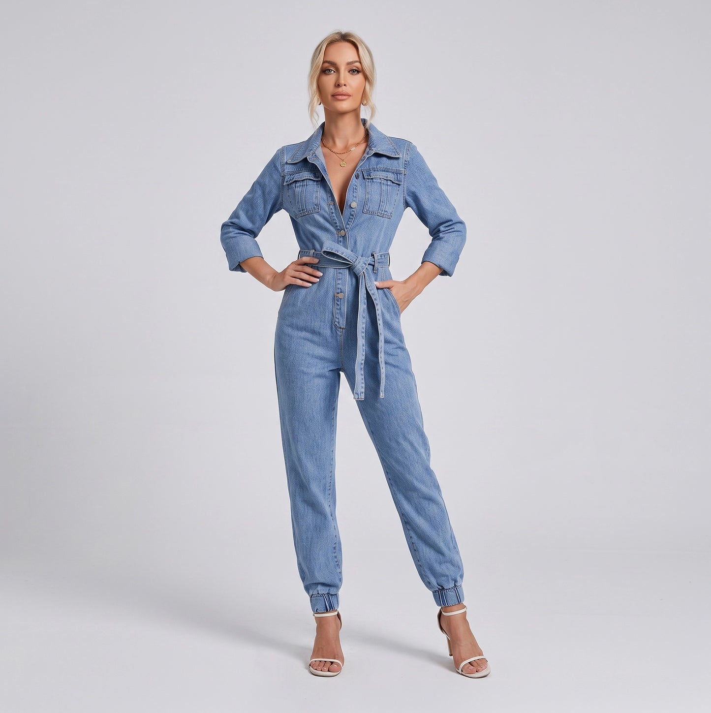 Lilou | Denim Jumpsuit met knoopsluiting en ceintuur