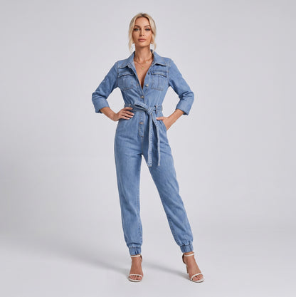 Lilou | Denim Jumpsuit met knoopsluiting en ceintuur