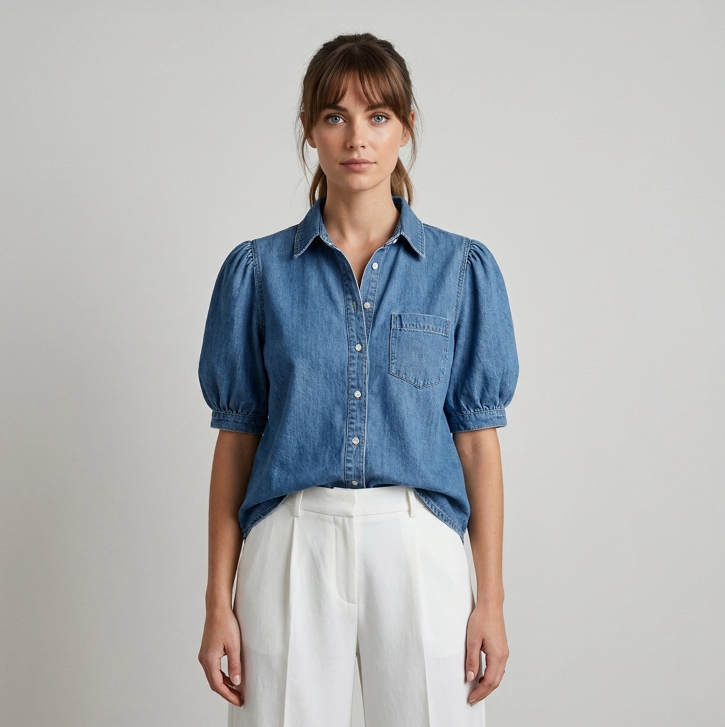 Mireille | Denim blouse met plofmouwen