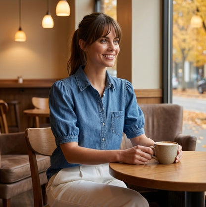 Mireille | Denim blouse met plofmouwen